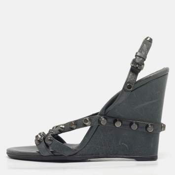 Pre Owned Balenciaga Green Leather Arena Studded Strappy Wedge Sandals Size 39