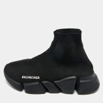 Pre Owned Balenciaga Black Knit Fabric Speed Trainer High Top Sneakers Size 39