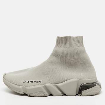 Pre Owned Balenciaga Light Grey Knit Fabric Speed Trainer Clear Sole Sneakers Size 38