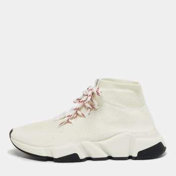 Pre Owned Balenciaga White Knit Fabric Speed Trainer High Top Sneakers Size 38