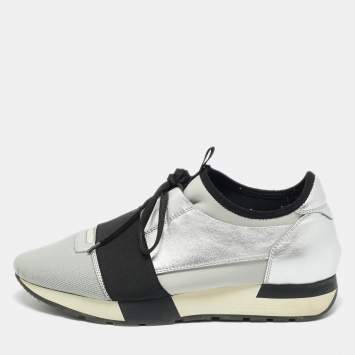 Pre Owned Balenciaga Silver Leather and Mesh Race Runner Low Top Sneakers Size 39