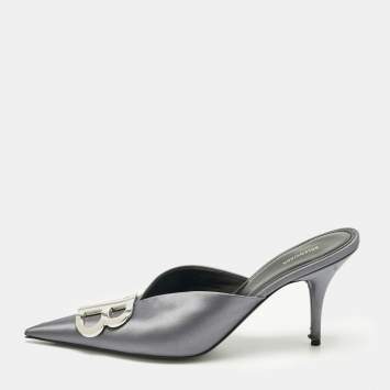 Pre Owned Balenciaga Grey Satin Knife Mules Size 38