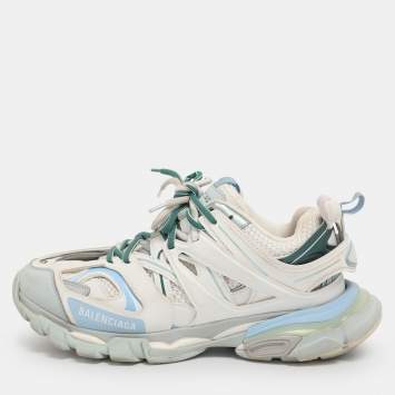 Pre Owned Balenciaga White/Green Mesh and Faux Leather Track Sneakers Size 40