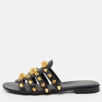 Pre Owned Balenciaga Black Leather Studded Arena Flat Slide Sandals Size 39