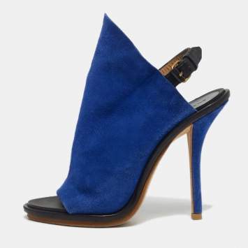 Pre Owned Balenciaga Blue Suede And Black Leather Glove Open Toe Slingback Sandals Size 35