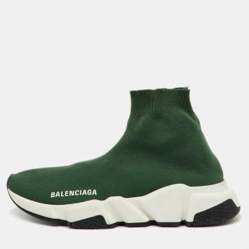 Pre Owned Balenciaga Green Knit Fabric Speed Trainer Slip On High Sneakers Size 36