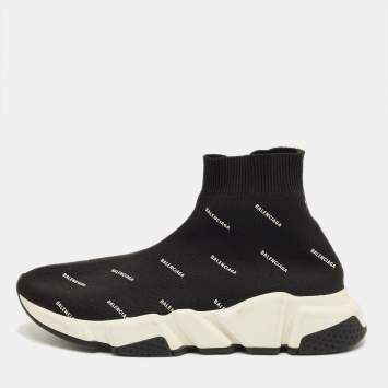 Pre Owned Balenciaga Black/White Knit Fabric Allover Logo Speed Trainer Sneakers Size 37