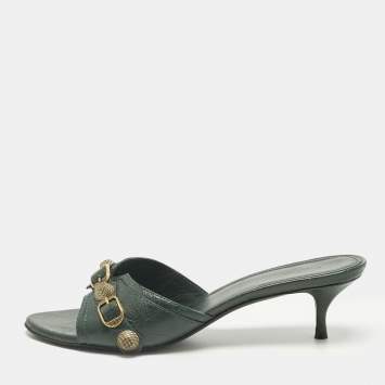 Pre Owned Balenciaga Green Leather Le Cagole Studded Slide Sandals Size 41