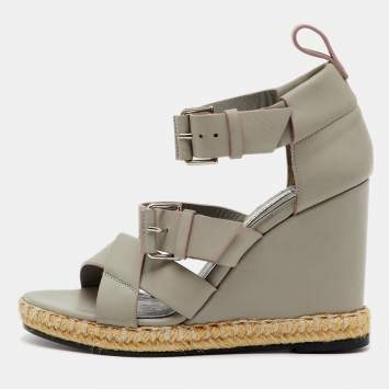Pre Owned Balenciaga Grey Leather Ankle Strap Espadrille Wedge Sandals Size 35