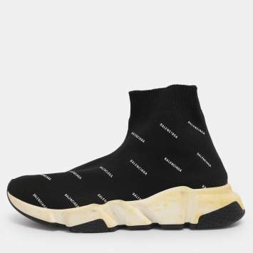 مملوكة مسبقًا Balenciaga Logo Print Speed Size 39 Black Knit Fabric High Top Sneakers