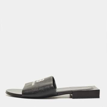 مملوكة مسبقًا Balenciaga Size 36 Black Leather Logo Box Flat Slide
