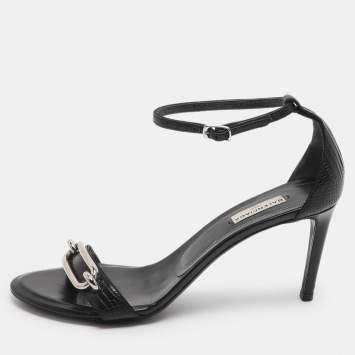 مملوكة مسبقًا Balenciaga Maillon Size 38.5 Black Lizard Leather Ankle Strap Sandals