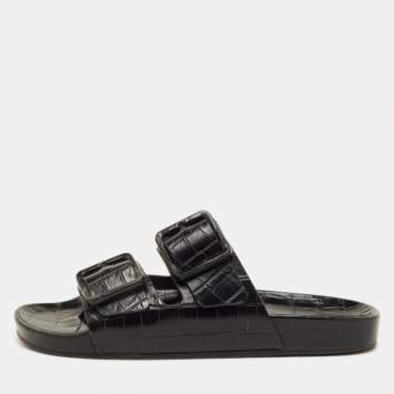 مملوكة مسبقًا Balenciaga Mallorca Size 41 Black Croc Embossed Leather Banded Buckle Slide Sandals