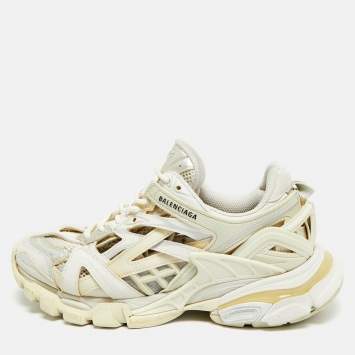 Pre Owned حذاء رياضي بالنسياغا تراك منخفض من أعلى جلد صناعي وشبك أبيض/ برتقالي مقاس 40