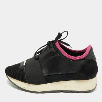 Pre Owned Balenciaga Race Runner Size 35 Black Mesh and Suede Lace Up Sneakers