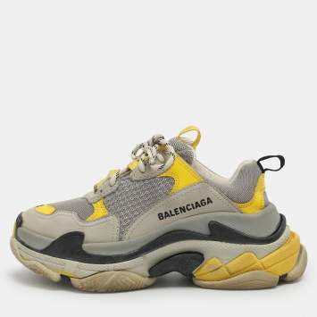 Pre Owned Balenciaga Triple S Size 36 Grey/Yellow Leather and Mesh Lace Up Sneakers