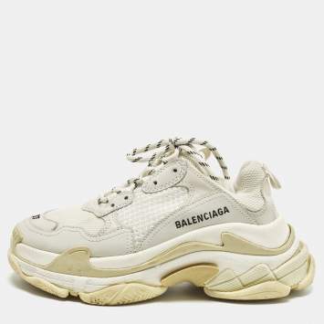 Pre Owned Balenciaga Triple S Size 37 White Faux Leather and Mesh Lace Up Sneakers