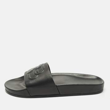 Pre Owned Balenciaga Piscine Size 39 Black Leather Flat Slide