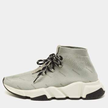 Pre Owned Balenciaga Speed Trainer Size 38 Grey Knit Fabric Lace Up Sneakers