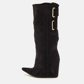 مملوكة مسبقًا Balenciaga Size 38 Black Suede Pointed Toe Wedge Knee Length Boots