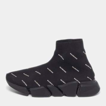 مملوكة مسبقًا Balenciaga speed 2.0 Size 38 Black Knit Fabric Logo Print High Top Sneakers