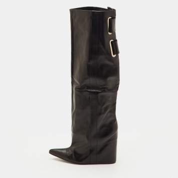 مملوكة مسبقًا Balenciaga Size 38 Black Leather Pointed Toe Hidden Wedge Tall Knee Length Boots