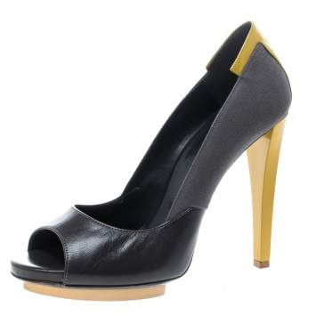 Pre Owned Balenciaga Grey/Yellow Canvas and Leather Peep Toe Pumps Size 38.5