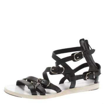 Pre Owned Balenciaga Black leather Gladiator Flat Sandals Size 35.5