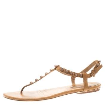 Pre Owned Balenciaga Beige Studded Leather Arena Thong Sandals Size 39.5