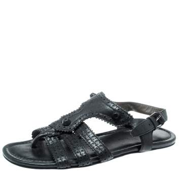 Pre Owned Balenciaga Black Leather Arena T-Strap Flat Sandals Size 37