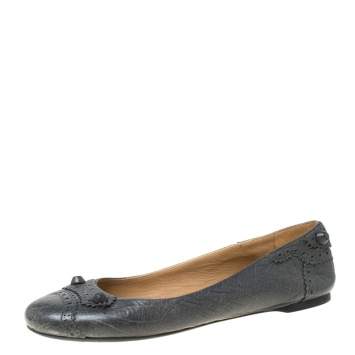 Pre Owned Balenciaga Grey Brogue Leather Arena Studded Ballet Flats Size 39.5