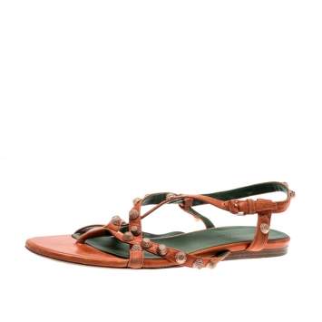 Pre Owned Balenciaga Orange Anthracite Lambskin Leather Arena Strappy Flat Thong Sandals Size 40