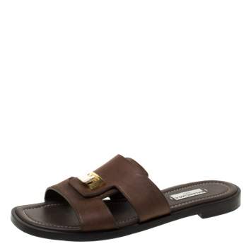Pre Owned Balenciaga Dark Brown Leather Flip Lock Flat Slide Sandals Size 38