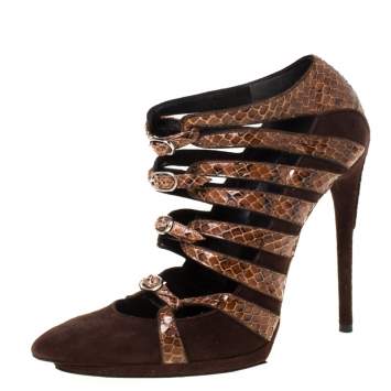 Pre Owned Balenciaga Brown Suede And Python Leather Strappy Pointed Toe Pumps Size 38.5
