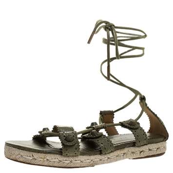 Pre Owned Balenciaga Green Leather Espadrille Ankle Wrap Flats Sandals Size 37 