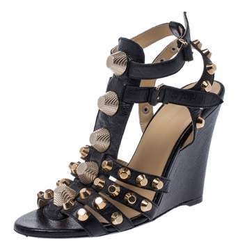 Pre Owned Balenciaga Black Leather Arena Studded Gladiator Wedge Sandals Size 38.5