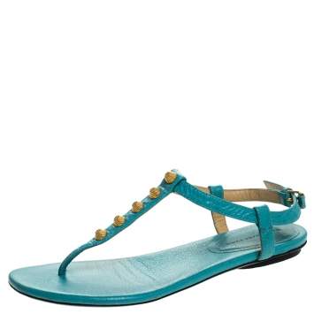 Pre Owned Balenciaga Turquoise Studded Leather Arena Thong Sandals Size 37