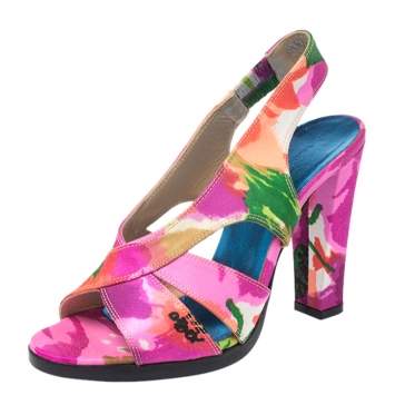 Pre Owned Balenciaga Multicolor Printed Satin Slingback Open Toe Sandals Size 37