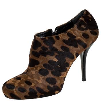 Pre Owned Balenciaga Brown/Black Leopard Print Calfhair Zip Booties Size 39