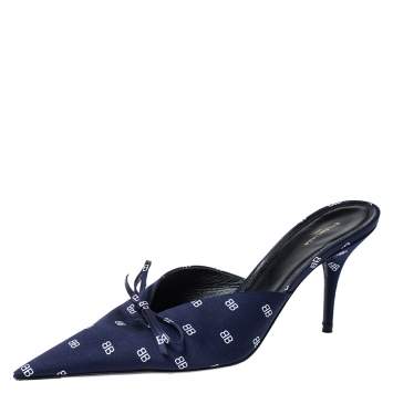 Pre Owned Balenciaga Blue BB Satin Knife Pointed Toe Mules Size 40