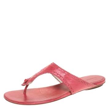 Pre Owned Balenciaga Pink Brogue Leather Thong Flats Size 39