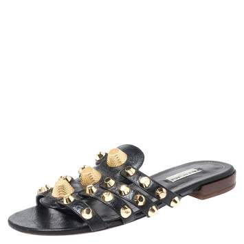 Pre Owned Balenciaga Black Studded Leather Arena Strappy Flat Slides Size 37