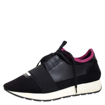 Pre Owned Balenciaga Black/Pink Leather, Suede And Nylon Race Runners Sneakers Size 40