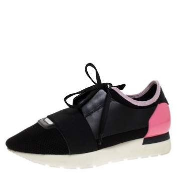 Pre Owned Balenciaga Black/Pink Leather And Mesh Race Runner Low Top Sneakers Size 37