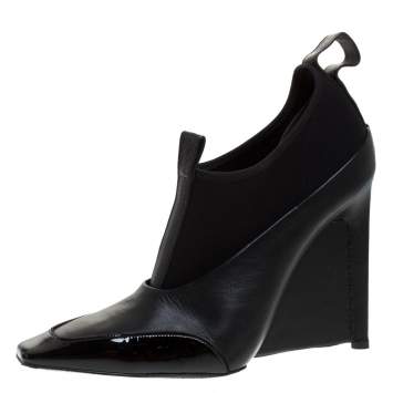 Pre Owned Balenciaga Black Leather and Neoprene Scuba Wedge Ankle Boots Size 40