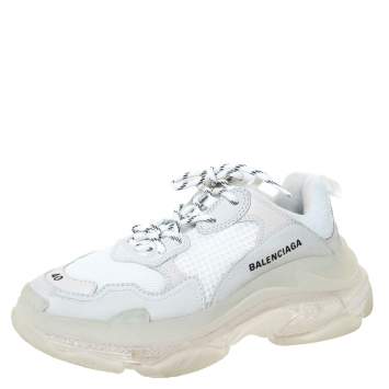 Pre Owned Balenciaga White Leather and Mesh Triple S Sneakers Size 40