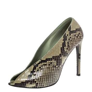 Pre Owned Balenciaga Lime Green/Black Python Split Vamp Open Toe Booties Size 37