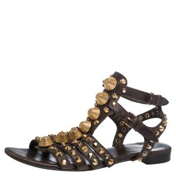 Pre Owned Balenciaga Brown Leather Studded Ankle Strap Flat Sandals Size 39.5