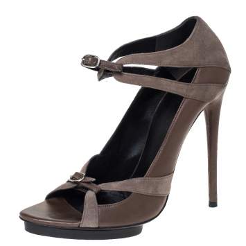 Pre Owned Balenciaga Grey Suede And Leather Double Buckle Strap Platform Sandals Size 40
