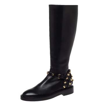 Pre Owned Balenciaga Black Leather Classic Studded Knee High Boots Size 36